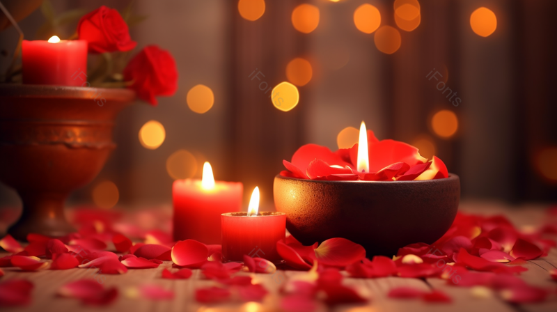 玫瑰花花瓣散乱在桌面上和烛光蜡烛浪漫氛围数字艺术,高清,摄影图,摄影图片,图片大全,摄影图免费下载